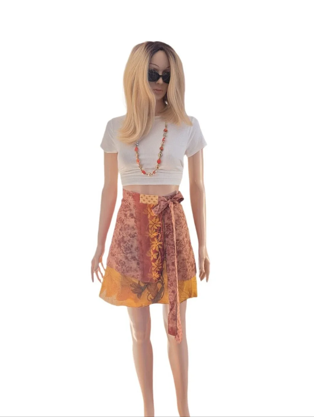 Earthbound Trading Co. Gold Burgundy  Wrap Skirt Mini Polyester Boho
